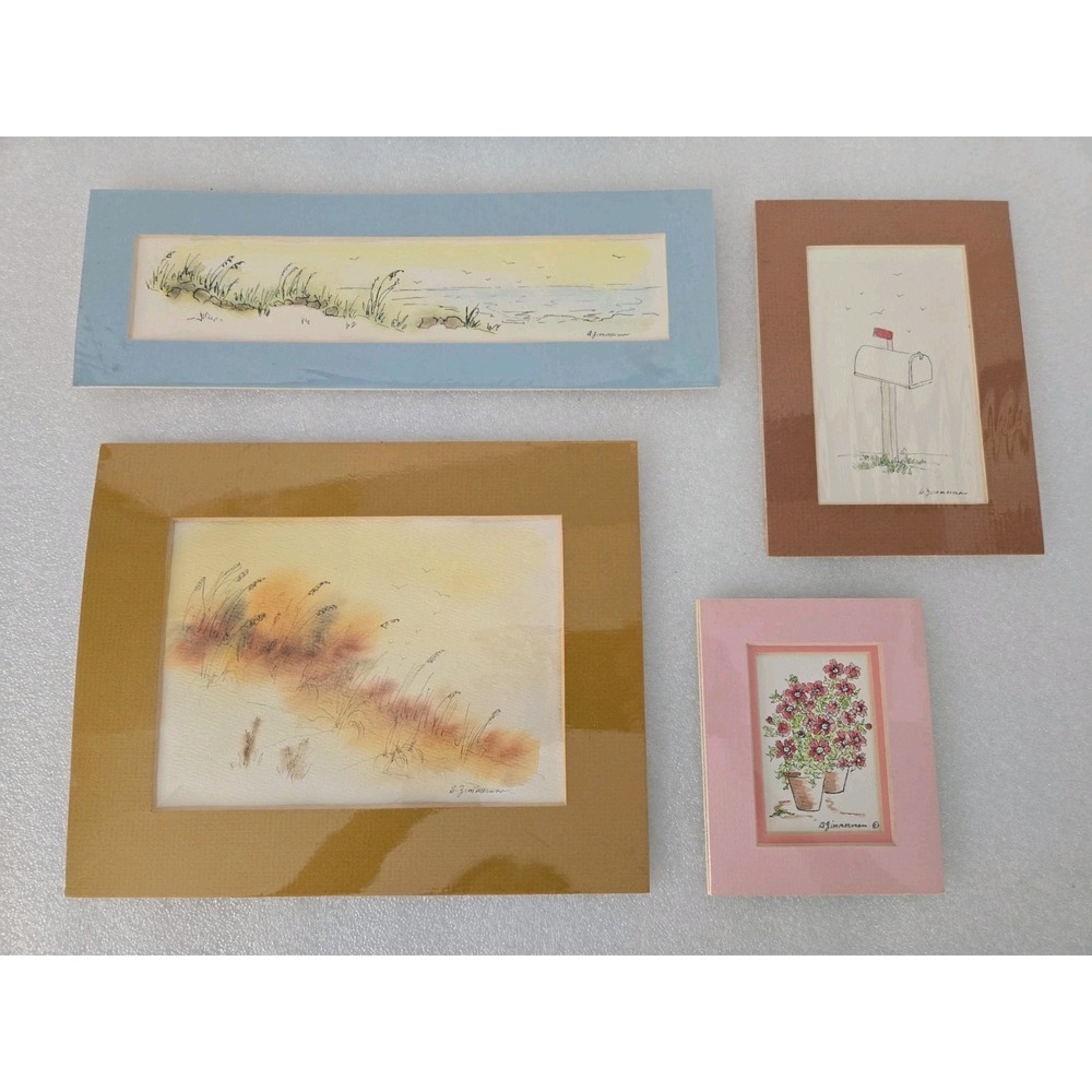 Doris Zimmerman hand watercolored designs set of 4 Floral Seascape Matted New